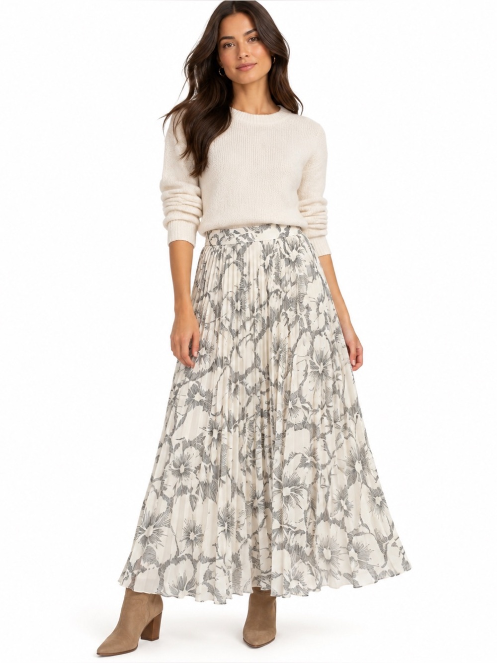 Banana Republic Sketched Floral Pleated Flowy Maxi Skirt Ivory & Black Size 6